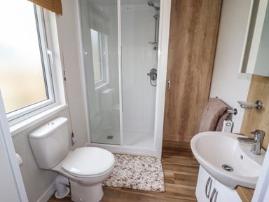 A bathroom with a toilet sink and shower at Bramblewick Runswick Bay near Staithes
