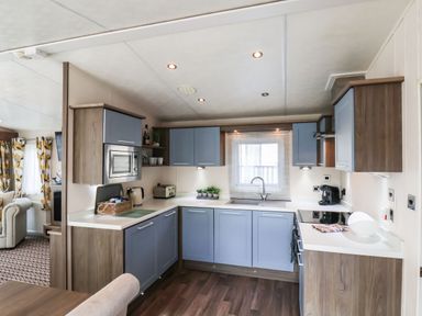 A kitchen with blue cabinets a microwave a sink and kitchen appliances at The Rodley Pines in Cayton