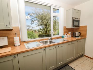A kitchen with green cabinets wooden countertops a stainless steel sink kettle microwave and window showing trees at Rose Bank in Belford