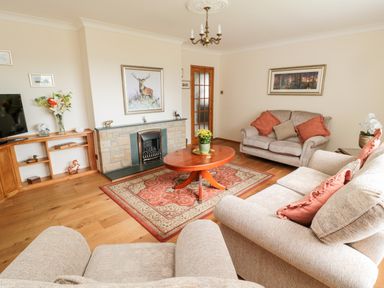 A living room with sofas a coffee table a fireplace and a TV at Rose Bank in Belford