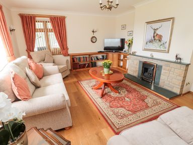 A living room with beige sofas a wooden coffee table a fireplace a television and bookshelves at Rose Bank in Belford