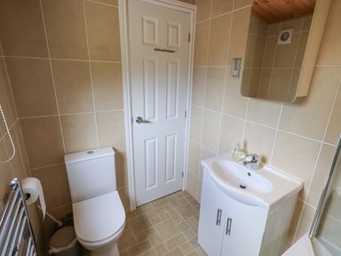 A bathroom with a toilet sink and mirror cabinet at Esthwaite Lodge Beckside 43 Limefitt Park near Windermere