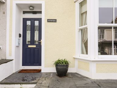 A front door with a dark blue door and glass panels next to a window and a plant pot on a stone porch at Hyfrydle in Borth-Y-Gest