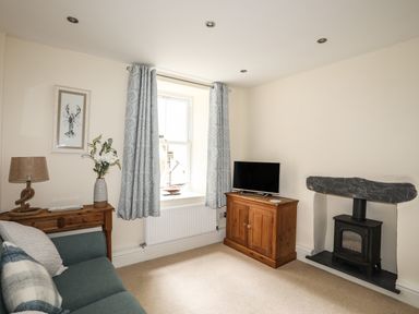 A living room with a small wood stove a TV on a wooden cabinet a window with curtains and a wooden side table with a lamp and vase at Hyfrydle in Borth-Y-Gest