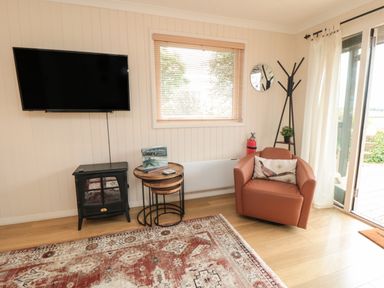 A living room with a wall-mounted TV a black stove a set of nesting tables an orange armchair a coat rack and a window with blinds at 3 Valley View Lodges Nawton near Helmsley