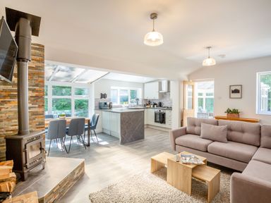 An open living room and kitchen area with a wood stove dining table with chairs and a gray couch at Nant Cottage in Rowen