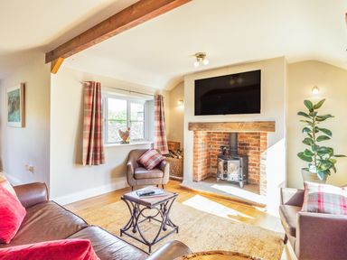 A living room with a fireplace a television armchairs and a window with plaid curtains at The Croft in Thompson near Watton