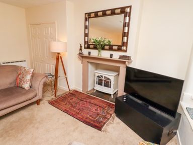 A living room with a sofa, floor lamp, rug, electric stove in fireplace, mirror, and television at Beals Yard in Alnwick