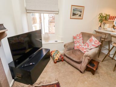 A living room with a brown armchair with red patterned cushions near a black TV stand with a television and a remote at Beals Yard in Alnwick