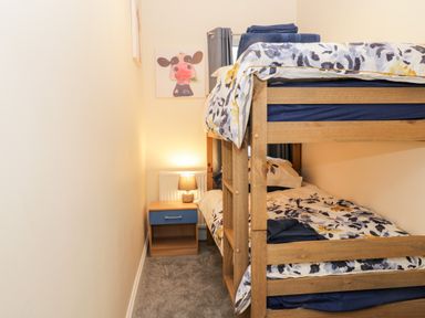 A bedroom with wooden bunk beds a bedside table with a lamp and a cow painting on the wall at Harbour Hideaway Whitby