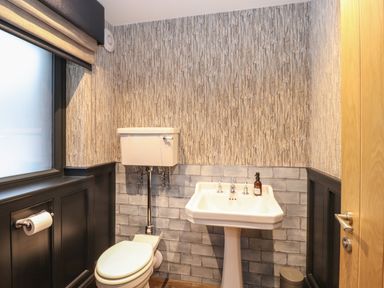 A bathroom with a toilet and a pedestal sink with soap dispenser at Hares Breath in Bowness-On-Windermere