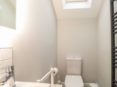 A small bathroom with a toilet sink and skylight at Hares Breath in Bowness-On-Windermere