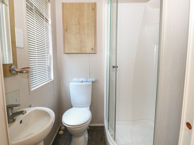 A bathroom with a white sink a toilet with a roll on top a wooden cabinet and a curved glass shower at The Goodwood Lodge in Runcton near Chichester