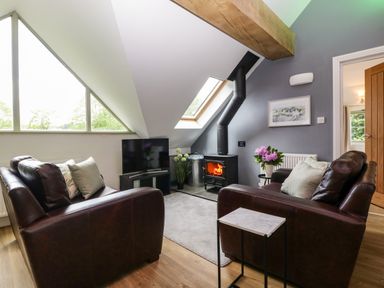 A living room with two brown leather sofas a wood stove and a television at The Coach House in Ludlow