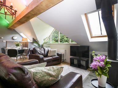 A living room with leather sofas a dining table television and a wood stove at The Coach House in Ludlow