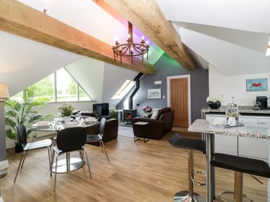 An open-plan living room and kitchen with dining table chairs sofas and a wood stove at The Coach House in Ludlow
