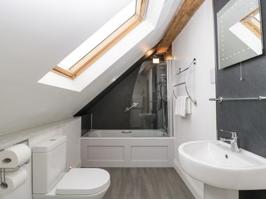 A bathroom with a toilet, sink, bathtub with shower, skylight window, and towel rack at The Coach House in Ludlow