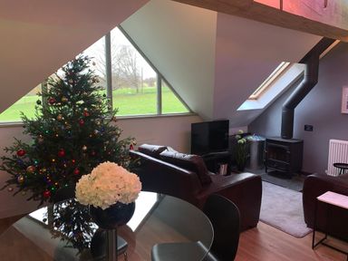 A living room with a Christmas tree a black stove and a glass dining table at The Coach House in Ludlow