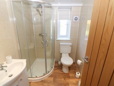 A bathroom with a shower enclosure, toilet, and sink with wooden door at Plas Eithin in Mynydd Mechell near Llanfechell