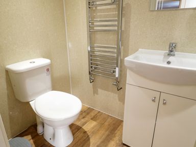 A bathroom with a toilet and sink cabinet with mirror and a wall-mounted towel warmer at Plas Eithin in Mynydd Mechell near Llanfechell