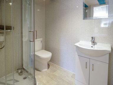 A bathroom with a shower enclosure toilet and sink cabinet at Plas Eithin in Mynydd Mechell near Llanfechell