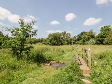 A grassy field with trees a small wooden footbridge and a shallow pond at Oak Lodge At Bridge Lake Farm & Fishery in Chacombe