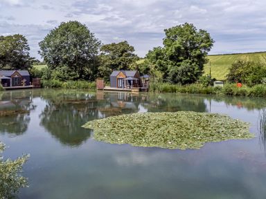 A pond with water lilies and cabins surrounded by trees and fields at Oak Lodge At Bridge Lake Farm & Fishery in Chacombe