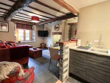 A living room with wooden beams a red sofa a television and a kitchen sink area at The Curious Orange in Troutbeck
