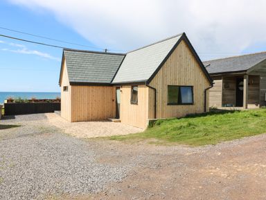 A small wooden house with a gravel driveway near the sea at Sandpiper Chalet in Eype