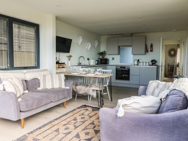 A living room with two sofas a dining table and an open kitchen at Sandpiper Chalet in Eype