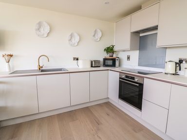 A modern kitchen with white cabinets a built in oven microwave toaster kettle and decorative wall plates at Sandpiper Chalet in Eype
