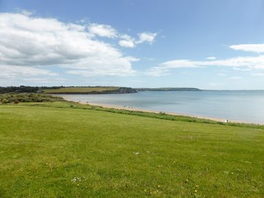 A grassy field overlooking a sandy beach and calm sea with cliffs in the distance at Beach View in Duncannon near Ramsgrange County Wexford