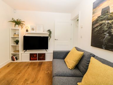 A living room with a grey sofa with yellow cushions a television on a white stand with shelves and plants at Iroko in Millbrook