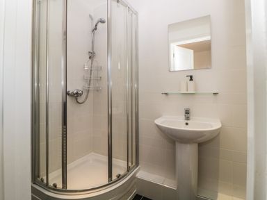 A bathroom with a corner shower enclosure, a pedestal sink, a mirror, and a shelf with soap dispenser at Iroko in Millbrook