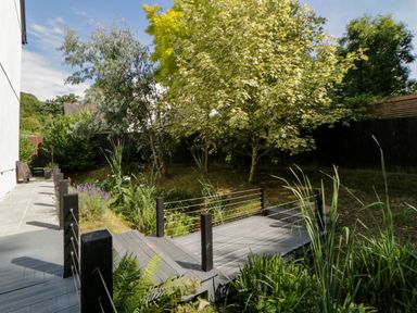 An outdoor garden area with trees plants grass and a wooden deck with black posts and wire railing at Iroko in Millbrook