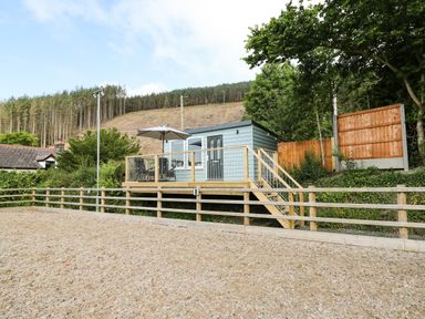 A small blue cabin on a raised wooden platform with outdoor furniture and umbrella overlooking a fenced sandy area at Caban Glas in Llanafan near Pontrhydfendigaid