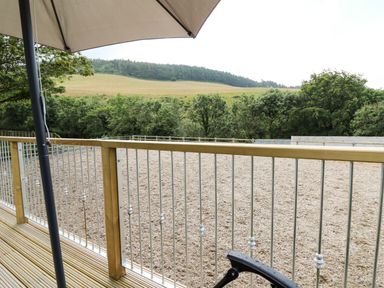 A view from a deck with a wooden railing and patio umbrella overlooking an enclosed sandy riding arena with trees and hills in the background at Caban Glas in Llanafan near Pontrhydfendigaid
