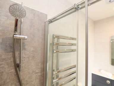 A bathroom shower area with a chrome showerhead and a glass door with a chrome towel radiator on the wall at Boscregan in Porthleven