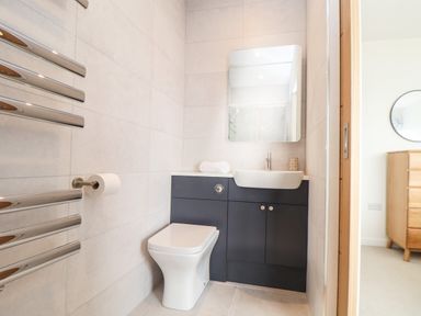 A bathroom with a toilet sink and mirror at Boscregan in Porthleven