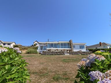 A modern house with large windows and stone walls on a lawn with hydrangea flowers at Boscregan in Porthleven