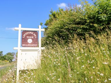 A farm sign next to tall grass and wildflowers at Lovesome Pod in Lovesome Hill near Northallerton