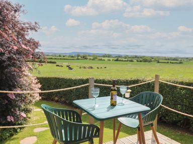 An outdoor patio with a table set with a wine bottle and two glasses overlooking a green field with grazing cows at Lovesome Pod in Lovesome Hill near Northallerton