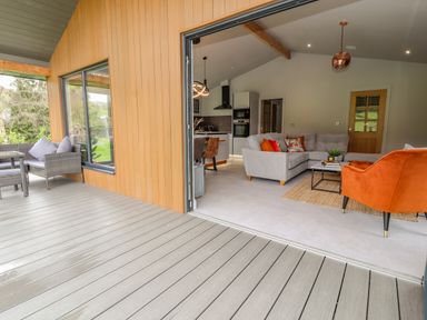 A living room with a gray sofa and an orange chair next to a kitchen area with dining chairs at Pool View in Meifod Powys