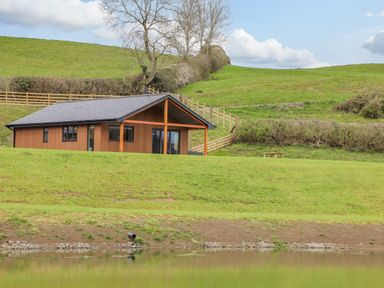A small wooden house on a grassy hill near a pond at Pool View in Meifod Powys