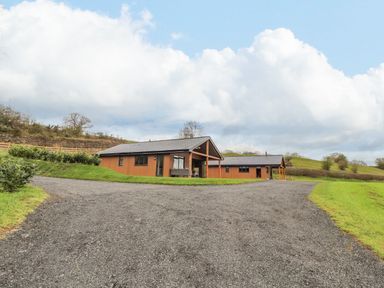 A gravel driveway leading to two wooden houses with porches surrounded by grassy fields at Pool View in Meifod Powys