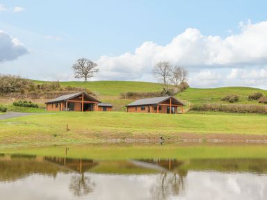 Two wooden lodges on grassy land near a pond with hills and trees in the background at Pool View in Meifod Powys