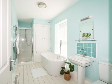 A bathroom with a bathtub shower sink toilet and a potted plant at Plas Newydd in Llanfaelog near Rhosneigr