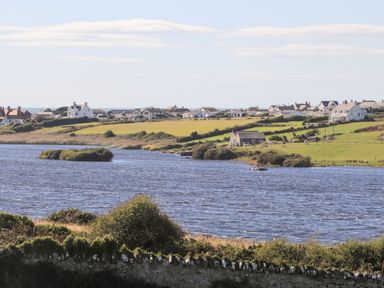 A lake with grass and houses in the background at Plas Newydd in Llanfaelog near Rhosneigr