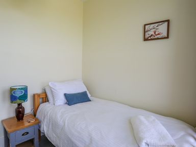 A bedroom with a single bed a side table with a lamp and a framed picture on the wall at Plas Newydd in Llanfaelog near Rhosneigr