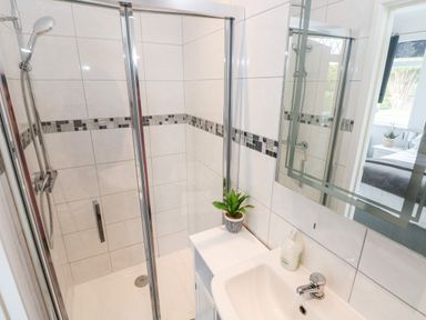 A bathroom with a shower cubicle a sink a mirror a small plant and a soap dispenser at Garth in Pen-y-bryn near Cardigan